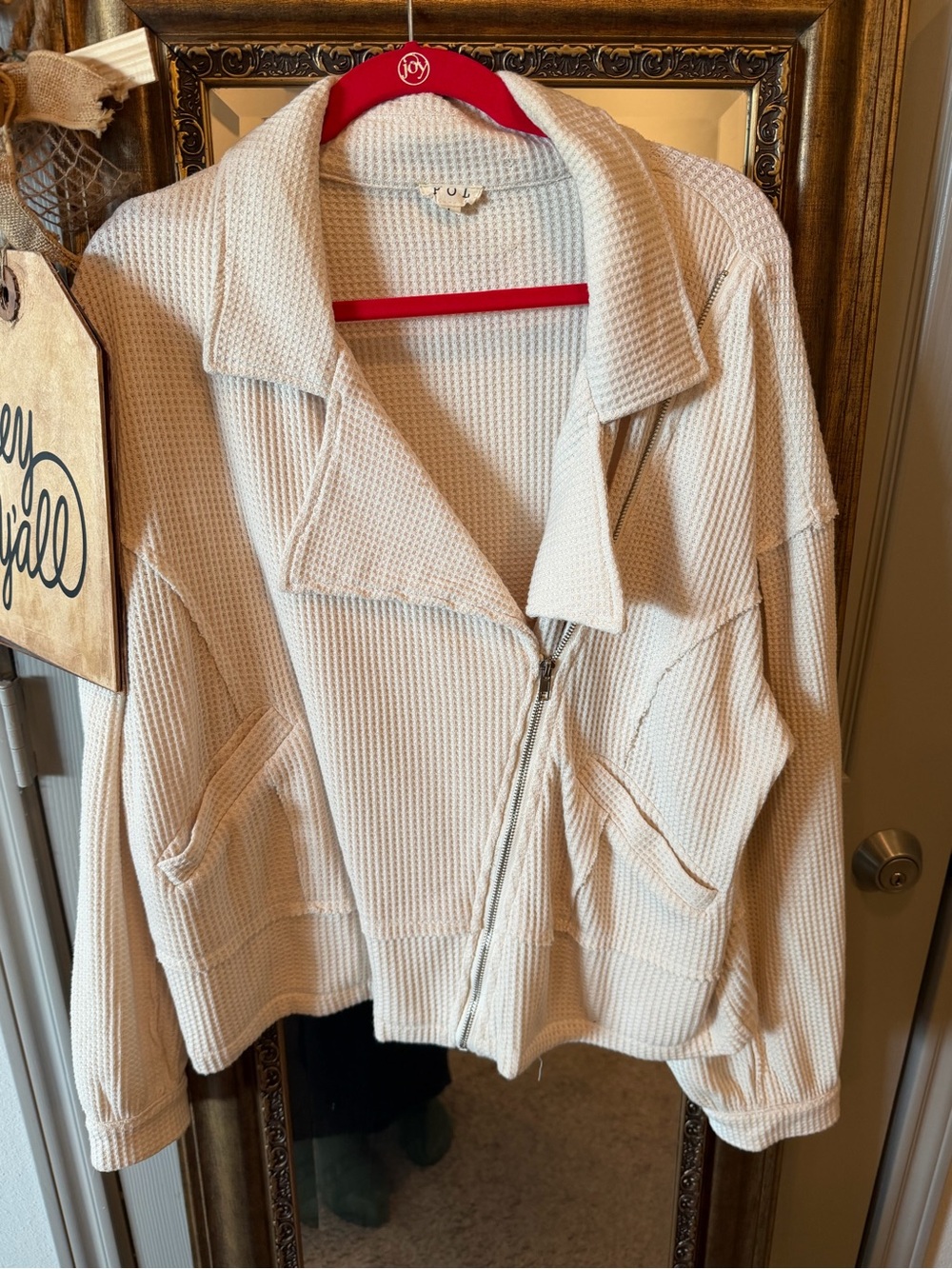 POL Cream Waffle-Knit Asymmetrical Zip Jacket